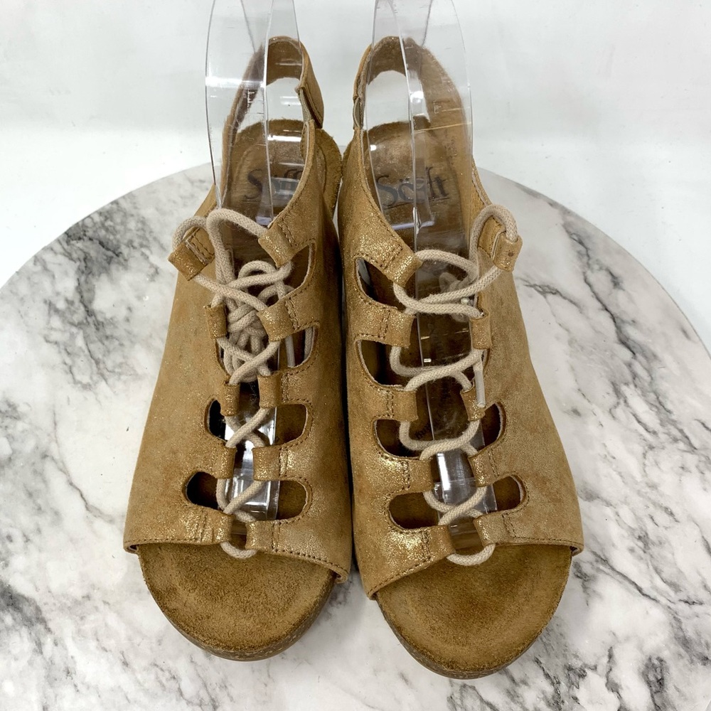 Sofft Maize Ghillie Lace Brown/Gold Metallic Nubuck Comfort Wedge Sandals 8 Boho - Picture 6 of 14